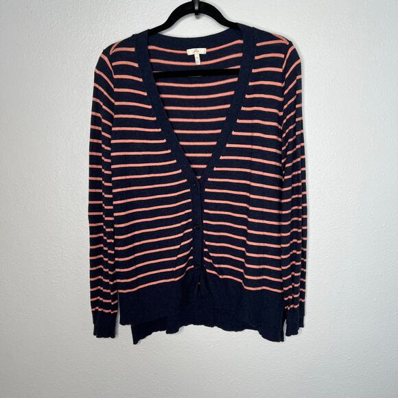 Joie Striped Sweater Cardigan Navy Blue Coral Wool BlendV-Neck Long Sleeve Sz M - Picture 1 of 7